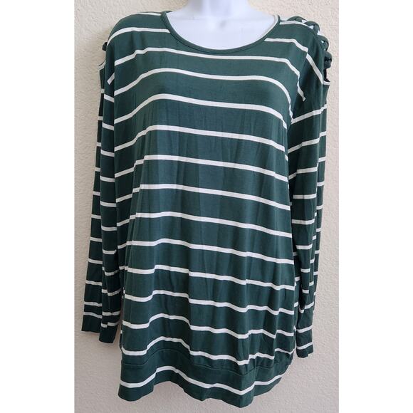 Thyme + Honey Green White Striped Long Sleeves Top XL Lightweight Soft Stretch - Picture 1 of 6